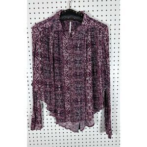 Free People Button-Up Blouse Round Hem Paisley Print Long Sleeve Boho Red XXS